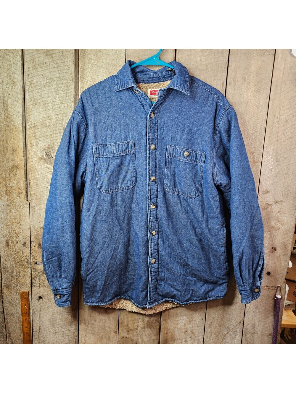 Vintage Wrangler Sherpa Lined Denim Shirt Jacket Blue Button Front Mens Small